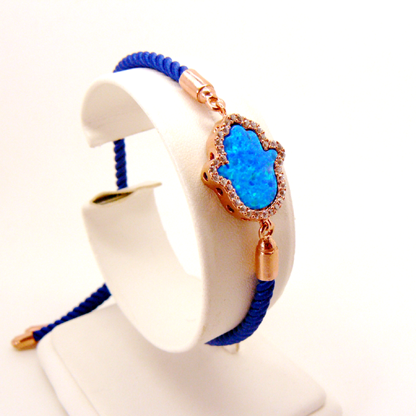 Bracelet Hamsa en Paqué Or Rose, Pierres CZ et cordelette bleu-nuit